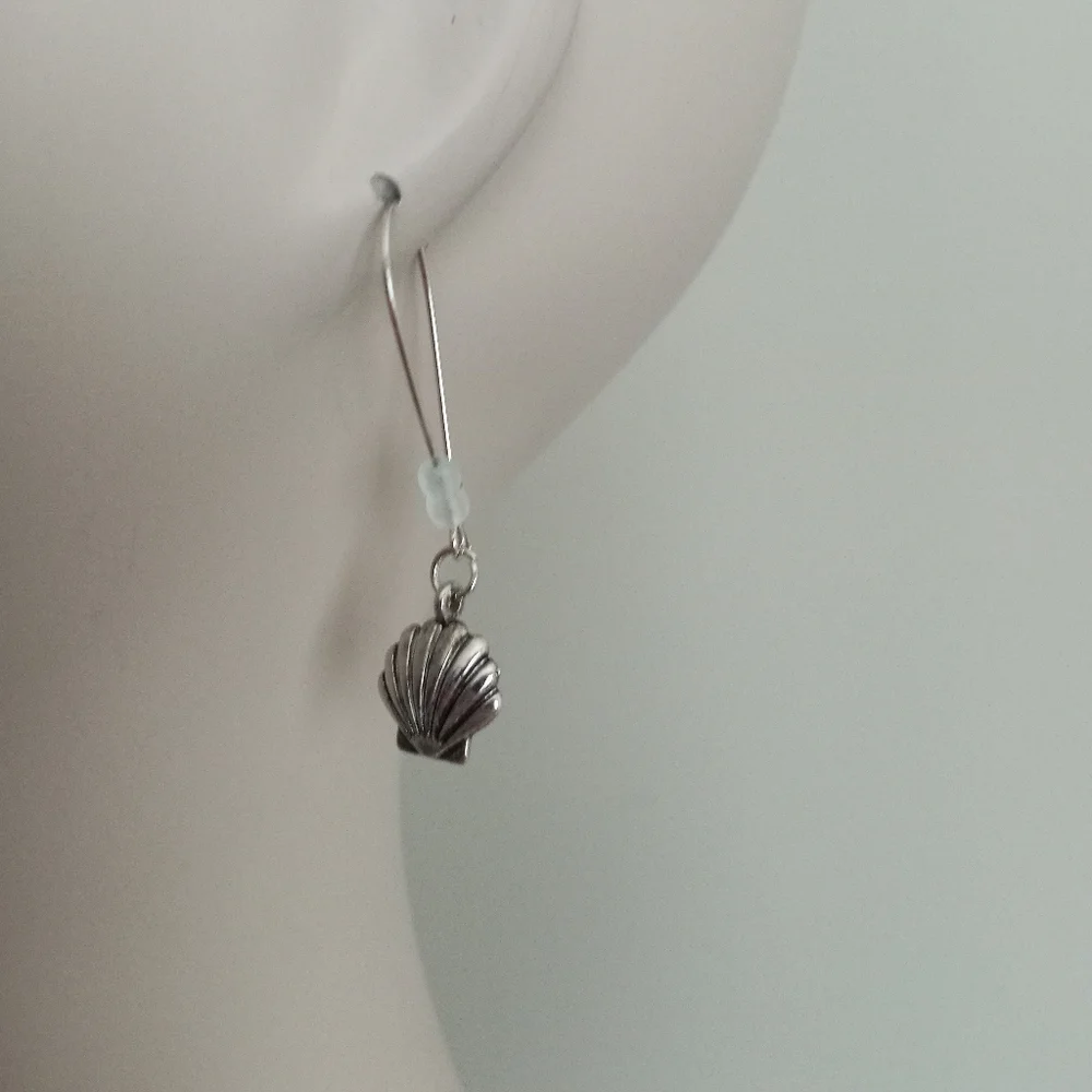 hand crafted Silver plated seashell sea glass dangling statement earrings